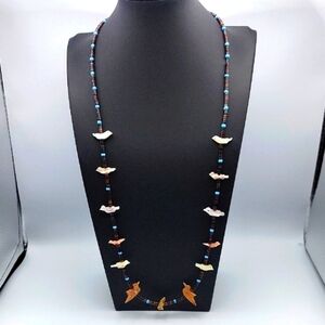 28" Heishi Shell MOP Glass Bead Bird Fetish Necklace 925 Clasp